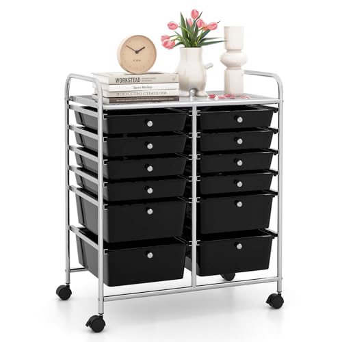 LDAILY 12 Drawer Rolling Storage Cart, Craft Cart Organizer on Wheels w/Metal Frame, Large Capacity & Smooth Drawer, Rolling Cart w/Drawers for Classroom, Office - color: Black, size: 12 Drawer