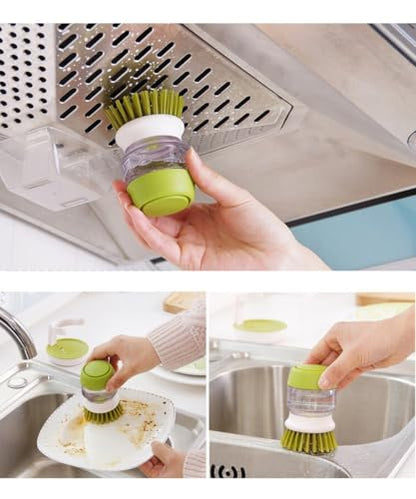 Soap Dispenser Palm Dish Brush with Storage Bracket – Drainage Base, Easy-to-Clean Kitchen Utensil Cleaner | Includes Extra Soft Bristle Brush (Gray&Green) - color: Gray&green