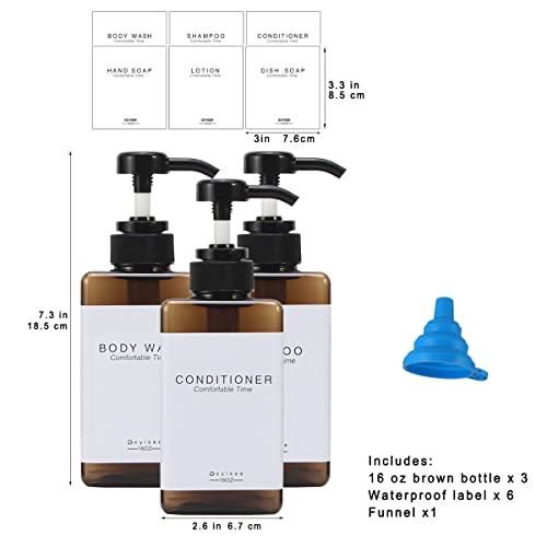 Plastic Refillable Hand Soap Dispenser Modern Square Pump Bottle for Bathroom Vanities or Kitchen Sink, Countertops - 3 Packs with Waterproof Label(Amber) - color: 3 Bottles-amber