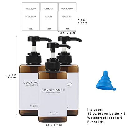 Plastic Refillable Hand Soap Dispenser Modern Square Pump Bottle for Bathroom Vanities or Kitchen Sink, Countertops - 3 Packs with Waterproof Label(Amber) - color: 3 Bottles-amber