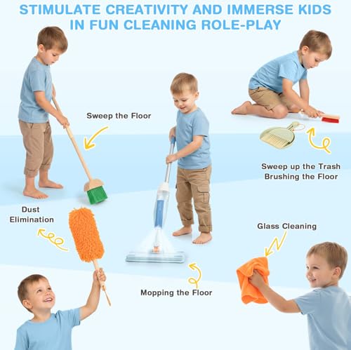 Dreamon Wooden Toddler Cleaning Set - 10Pcs Kids Cleaning Toy Set with Real Working Kids Spray Mop, Montessori Cleaning Toys with Broom and Mop Set for Toddlers Girls Boys Age 3-6 - color: Wooden