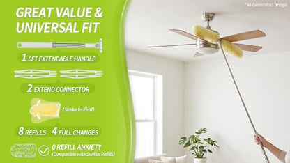 IVYROLL Dual Head Duster with Extended Handle 6 ft, Lockable Extendable Duster Kit with Extension Pole for High Ceiling Fan & Wall, 8 Refills