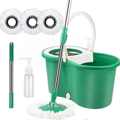 Spin Mop and Bucket with Wringer Set, 360° Spinning Mop Bucket System with 3 Microfiber Mop Replacement Heads Refills,56" Stainless Steel Extended Handle for Floor Cleaning Home Office (20QT) (Green) - color: Green