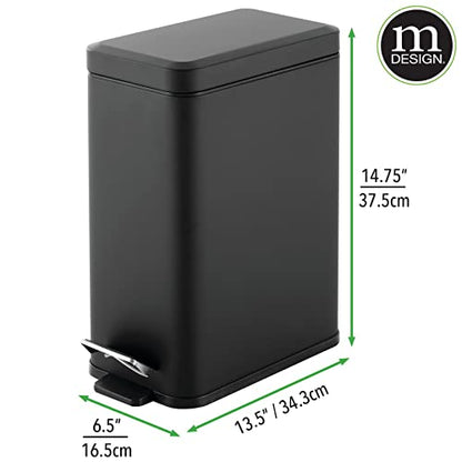 mDesign Pedal Bin — Waste Bin with Pedal, Lid and Plastic Bucket Insert for Bathroom, Kitchen, and Office — Metal Household Rubbish Bin with Ergonomic Design — Black - color: Black, size: 2.6 Gallon