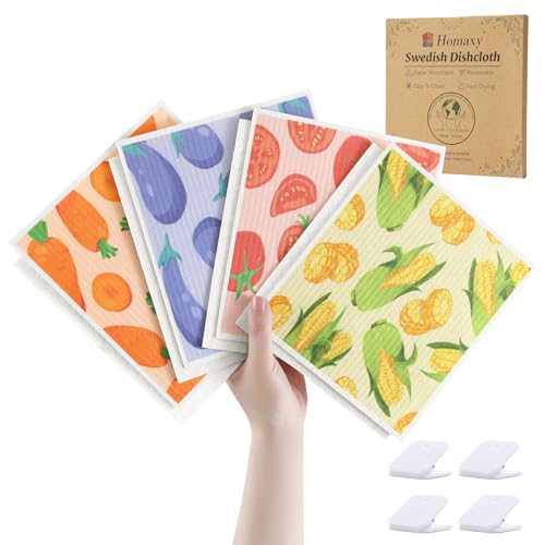 Homaxy Swedish Dishcloths for Kitchen, 8 Pack Vegetable Reusable Paper Towels with Clips, Absorbent Cellulose Sponge Dish Cloths for Washing Dishes, Non-Scratch & Odor-Free Dish Rags - color: Vegetable, size: 8 PACK