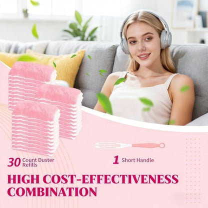 Pink Duster Refill for Swiffer Duster, 30 Count Heavy Duty Duster Refills with 1 Handle, 360 Dusters Refills Kit with 5X Microfibers, Disposable Dusters for Cleaning, Home, Office - color: 30 Count & 1 Handle (Pink)