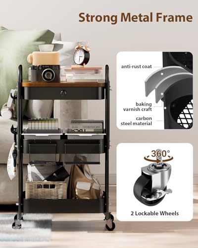 ALVOROG Rolling Cart with Drawer and Wood Table Top, 3 Tier Metal Rolling Utility Cart on Wheels with DIY Pegboards, Hanging Baskets, Hooks for Bedroom,Office,Craft Supplies - color: Black