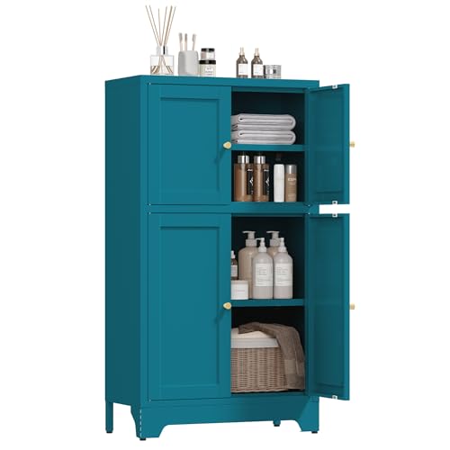 Blue Bathroom Storage Cabinet,Metal Bathroom Cabinet,Navy Blue Storage Cabinets,Bathroom Floor Cabinet with 2 Adjustable Shelves&4 Doors - color: Blue, size: 43"H