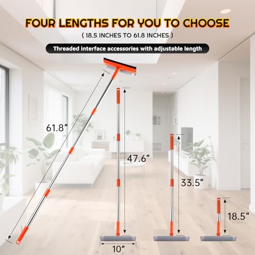 Window Squeegee with 62" Adjustable Stainless Steel Pole —2-in-1 Sponge Scrubber &Streak-Free Blade, No Ladder for 1-Story &Skylights,Car &RV Windshields,Shower Doors,Tile Orange