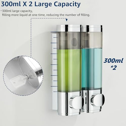Pollock Shampoo and Conditioner Dispenser Wall Mounted, Shower Soap Dispenser 2 Chamber No Drill, Shampoo Dispenser for Shower, Body Wash Dispenser for Bathroom, Large Capacity, (Silver DG2 Chamber) - color: Silver Dg2 Chamber