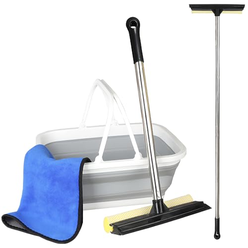 2 in 1 Car Window Squeegee and Collapsible Bucket Set,Long Handle,Gray - color: Gray