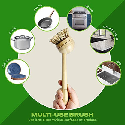 JuneLily Long Coconut Dish Brush Plant-Based Vegan for Kitchen Bathroom Cleaning Produce Washing Dishes (Long Dish Brush & Coconut Brush Head) - color: Long Dish Brush & Coconut Brush Head
