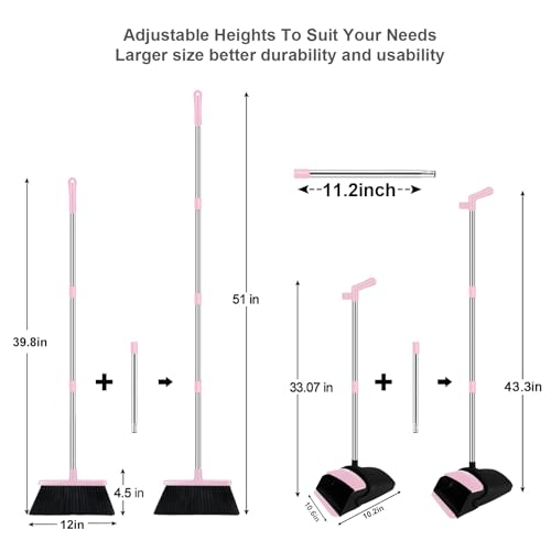 Pink Broom with Dustpan Combo Set, 51" Long Handle Household Cleaning Tool, Ideal Broom and Dustpan Set for Pet Hair and Home Use - color: Pink