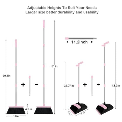 Pink Broom with Dustpan Combo Set, 51" Long Handle Household Cleaning Tool, Ideal Broom and Dustpan Set for Pet Hair and Home Use - color: Pink