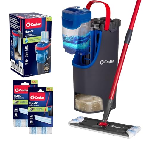 O-Cedar H2prO Flat Mop System with 2 Mop Head Refills | Quick Cleaning Tool | Clean with Clean Water | Machine Washable Reusable Microfiber Mop Pad | Safe on Wood Floors, Vinyl,Tile, Baseboards, Walls - size: H2prO + 2 Refills