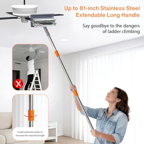 Ceiling Fan Cleaner Duster, 3-in-1 Fan Duster Cleaning Tool with 81'' Extendable Long Handle, Removable Chenille & Microfiber Mop Head Cleaner for Ceiling Fan Blade, Baseboard, Wall, Floor, Window