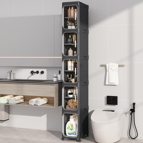 5 Tier Slim Bathroom Storage Cabinet, Foldable and Movable, Black | Tools Free, ABS and PET, Magnetic Clear Door, Adjustable Shelves, Lockable Wheels, Water Resistant, For Narrow Space - color: Black, size: 5 Tiers