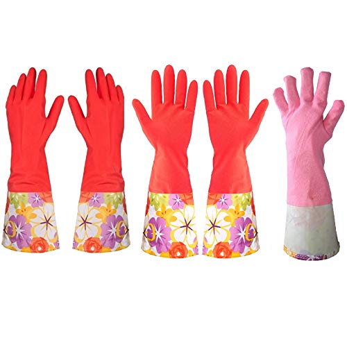 Kitchen Rubber Cleaning Gloves with Warm Lining Household Thickening PU Waterproof Dishwashing Latex Glove Large 2 Pairs