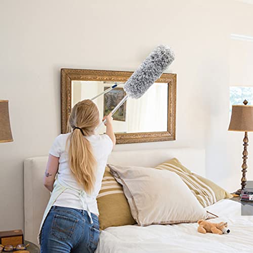 Microfiber Feather Duster Extendable Duster with 100'' Extra Long Stainless Steel Pole and Wire Brush Head, Bendable Head & Long Handle Dusters for Cleaning Ceiling Fan, Blinds, Furniture, Cars