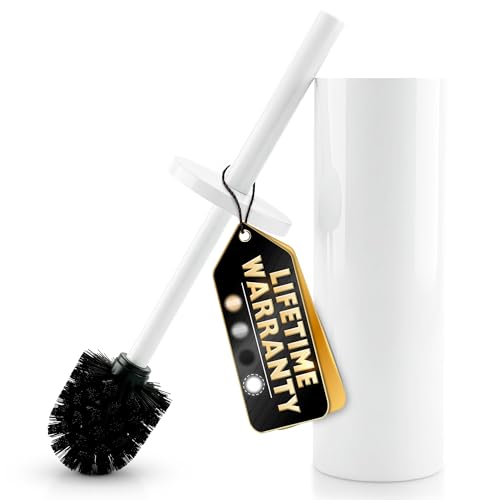 Stainless Steel Toilet Brush and Holder Set White - Long Handle Toilet Bowl Cleaner Brush and Holder - Removable Inner Liner, Shiny Design, Splash Protection & Dense Bristles for Bathroom Cleaning - color: White