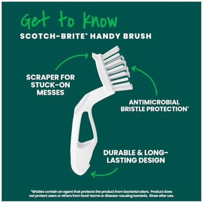 Scotch-Brite Handy Brush, Small and Durable Dish Brush with Handle for Scrubbing Hard-to-Reach Cookware, Tubs, Sinks, Car Tires, and More without Scratching, Antimicrobial, and Rinses Clean