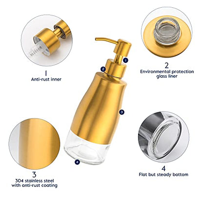 Gaussra Soap Dispenser with Coaster and Stickers, Brushed Gold Stainless Steel Glass Hand Pump Dispenser, Anti Rust Bottle, for Kitchen & Bathroom Detergent Bottle，Refillable Hand Liquid Dispenser - color: Brushed Gold