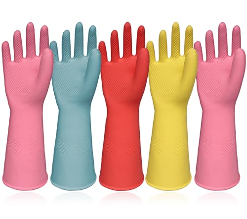 Kitchen Gloves for Washing Dishes - 5 Pairs Rubber Cleaning Gloves for Household Cleaning Gardening, Non-Slip Dishwashing Gloves Reusable for Women Men Large - size: Large