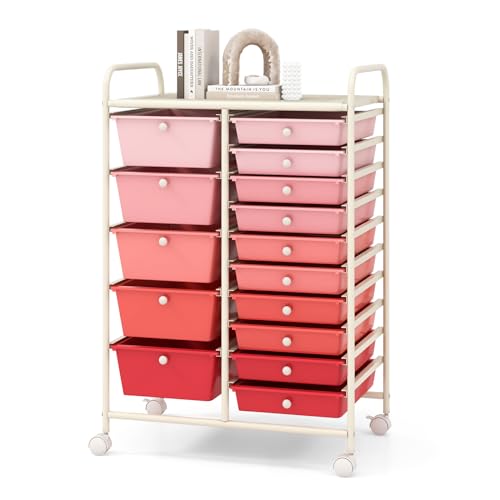 COSTWAY 15 Drawers Storage Cart, Multipurpose Rolling Utility Cart on Wheels w/Lockable Wheels & Removable Drawers, Mobile Tools Scrapbook Paper Organizer Cart for Office School Home, Mixed Pink - color: Mixed Pink, size: 15 Drawer