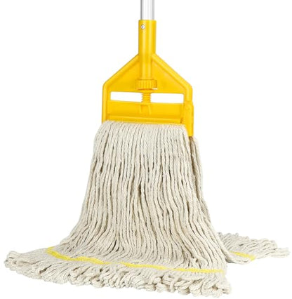 Commercial Mop Heavy Duty Industrial Cotton Mops with Long Handle | 59" Aluminum Handle/Looped-End String Mops Head/Dry Wet Use for Home/Kitchen/Garage/Office/Concrete/Tile Floor Cleaning - size: 1x Industrial Mop with Handle