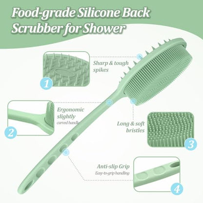 Silicone Back & Face Scrubber & Bath Glove Set 3PCS, 13.4'' Gentle Back Scrubber with Dual-Side Head, 360° Anti-Slip Bath Glove, Unique Side-bristled Face Scrubber for All-round Cleaning(Green) - color: Green*3