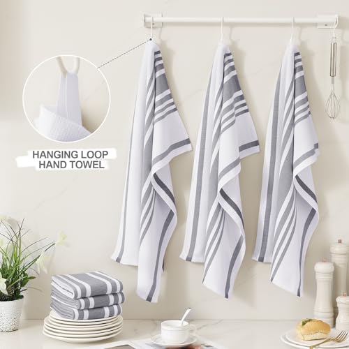 Homaxy Premium Kitchen Towels 18”x 28”, Large Cotton 380 GSM Kitchen Hand Towels, Stripe and Terry Dish Towel, Highly Absorbent Tea Towel Set with Hanging Loop, 12 Pack, Grey - color: Grey Stripe, style: 12-pack