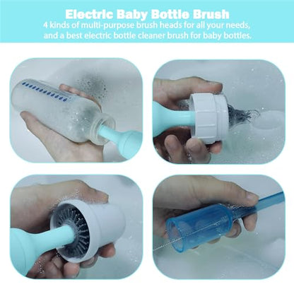 Electric Baby Bottle Brush Set with Rechargeable Electric Bottle Brush Cleaner and Replaceable Silicone Bottle Brushes and Straw Brush Cleaner, Waterproof Multi-Purpose Cleaning Brush(Blue) - color: Blue