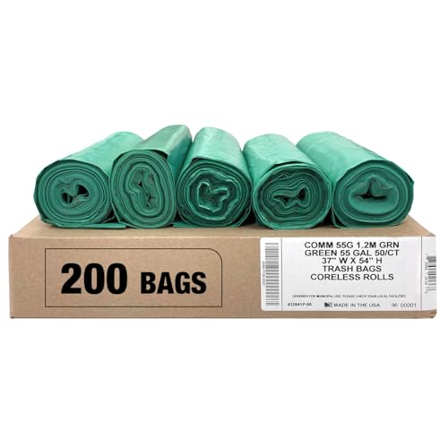 Ultrasac Heavy Duty 55 Gallon Green Trash Bags - (Value 200 Pack) - 1.5 MIL equivalent Industrial Strength Plastic 37" x 54" for 50-55 Gal Cans -Fits Toter, Rubbermaid Brute, Carlislie Bronco etc. - color: Green, style: 50-55 Gal, 1.5 Mil Equiv, 200 Count