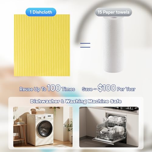 10 Pack Swedish Dishcloths, Natural Cellulose & Cotton Cleaning Cloths, Reusable, Washable & Super Absorbent for Kitchen and Bathroom
