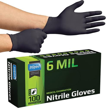 Inspire Black Nitrile Gloves HEAVY DUTY 6 Mil Nitrile Chemical Resistant Medical Cooking Cleaning Disposable Black Gloves - size: Medium, style: Black 6mil Box of 100