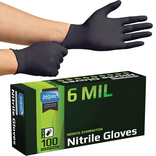 Inspire Black Nitrile Gloves HEAVY DUTY 6 Mil Nitrile Chemical Resistant Medical Cooking Cleaning Disposable Black Gloves - size: Large, style: Black 6mil Box of 100