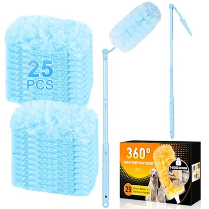 360° Duster Refills Kit for Swiffer Duster, 25 Pack & 1 Handle, Multi-Surface Dusters with 4X Cleaning Power. Efficient Duster Kit for Cleaning Pet Hair, Home, Office, Blinds, Furniture and More - color: Long Handle - 25 Pack