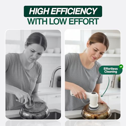 SonicPower Electric Spin Scrubber – Handheld & Ergonomic, IPX7 Waterproof, 4 Multi-Purpose Brush Heads, Long-Lasting Rechargeable Battery – Cleans Dishes, Bathroom, Tile, Grout & Kitchen (White) - color: White