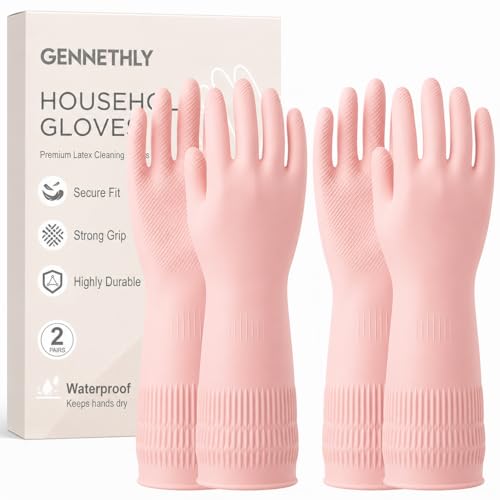 Rubber Dishwashing Gloves, Reusable Cleaning Dish Gloves for Kitchen, Long Cuff for Washing Dishes - color: Pink, size: Small (2 Pairs)
