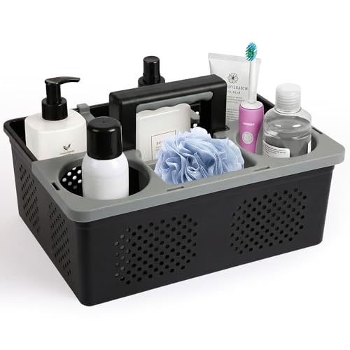 KMV Portable Shower Caddy Dorm: Features handles and adjustable compartments，Ventilation and Drainage Hole Design Cleaning Basket，ideal for toiletries， Essential for college dorms-black - color: Black