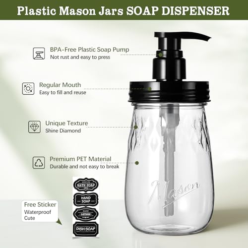 Amolliar Plastic Soap Dispenser with Pump Lid, 16 Oz Refillable Bathroom Hand Dish Soap Dispenser Set, Clear Kitchen Liquid Dispenser with Cute Lables for Farmhouse Shower (1 Pack, Black) - color: Clear Bottle + Black Pump