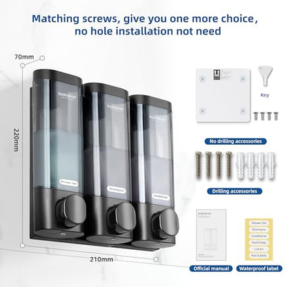 3 in 1 Shower Soap Dispenser, 3×300 ml Chamber Shampoo and Conditioner Dispenser Shampoo Dispenser for Shower Wall Mounted Shower Pump Soap Dispenser for Bathroom Kitchen (3 Chamber+Black) - color: 3 Chamber+black