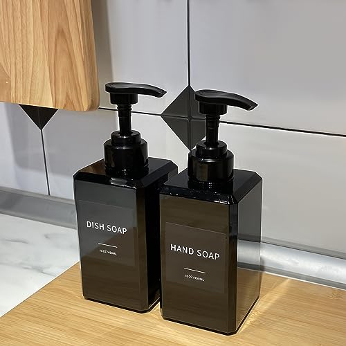 Black Soap Dispenser with Waterproof Labels, Thickened Plastic Hand Soap Dispenser for Bathroom, Kitchen Dish Washing Liquid Bottles, Shampoo and Conditioner Bottles with Funnel (15oz 4Pack Black) - color: 15oz 4 Pack Black