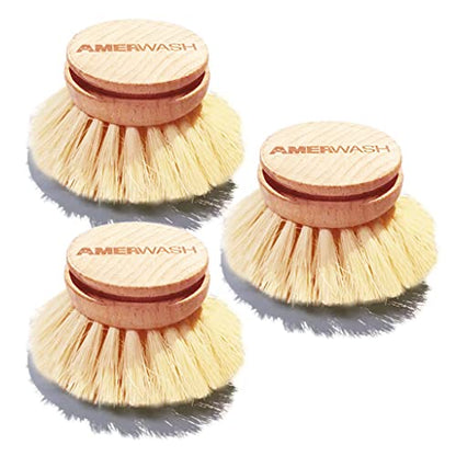 AMERWASH PLUS Classic Dish Brush Replacement Head 3 Packs, Natural Bristle Tampico Fiber for All Purpose Cleaning, Kitchen Scrubber - size: 3 Piece Brush Head Set