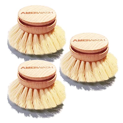 AMERWASH PLUS Classic Dish Brush Replacement Head 3 Packs, Natural Bristle Tampico Fiber for All Purpose Cleaning, Kitchen Scrubber - size: 3 Piece Brush Head Set