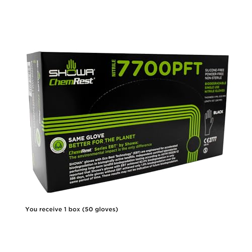 SHOWA 7700PFT Sustainable EBT Latex-Free, Powder-Free, Accelerator-Free, Nitrile Disposable Single Use Safety Gloves, 4 Mil, 9.5" Length, Large (1 Box/50 Gloves) - size: Large