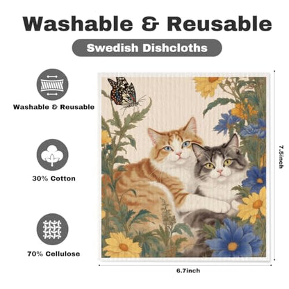 5 Pcs Cute Kitten & Flower Swedish Dishcloths, Cat Themed Swedish Dishcloth, Artistic Dish Cloths for Drying Dishes, Reusable Cleaning Cloths, Housewarming Gifts for Women 1 - color: Lm 04244