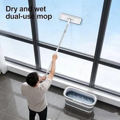 Flat Mop & Bucket Set with 6 Reusable Pads | Foldable Hands-Free, Microfiber, Wet/Dry Use, For Tile, Laminate, Wood Floors, Walls, Windows