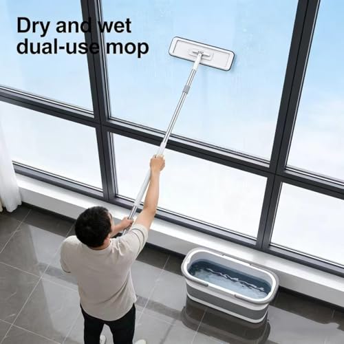 Large Flat Mop and Scalable Bucket with Wheels, 360 Rotating Microfiber Dust Mop with Dewatering Scraper, 54" Adjustable Stainless Steel (1 Mop + 6 Microfiber Pads + 1 Bucket)