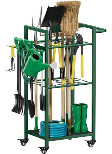 Garden Tool Organizer with Wheels, Heavy Duty 3 Tier Metal Yard Tool Storage Rack Holder with Side Hooks, Freestanding Garage Organizer for Shovels, Rakes, Brooms, Indoor Outdoor Use, Green - color: green